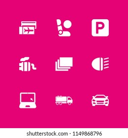 9 car icons in vector set. internet, sedan car front, car parking and trip illustration for web and graphic design