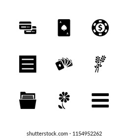 9 card icons in vector set. menu, flower, casino chip and folder illustration for web and graphic design