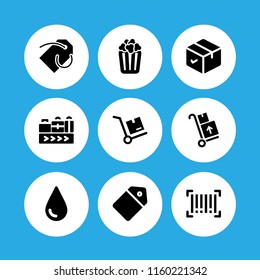 9 cardboard icons in vector set. box, tear, conveyor belt and barcode illustration for web and graphic design
