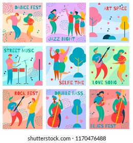 9 cards of colorful modern flat characters for jazz,rock,blues music fest-singer,musicians,guitar,sax,drums,double bass.Happy people dancing,rejoice,making selfie on musical festival party