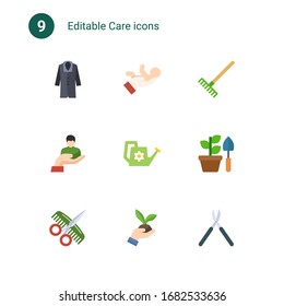 9 care flat icons set isolated on . Icons set with coat, babysitting service, Rake, client, Watering can, Gardening, Hairdressing salon, Gardening scissors icons.