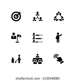 9 career icons in vector set. human, teamwork in the office, meeting and human resources data of job performance illustration for web and graphic design
