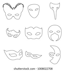 9 Carnival Mask set in outline style. For web, print, creative design. Vector illustration. Isolated on white background