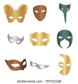 9 Carnival Mask set in realistic style. For web, print, creative design. Vector illustration. Isolated on white background