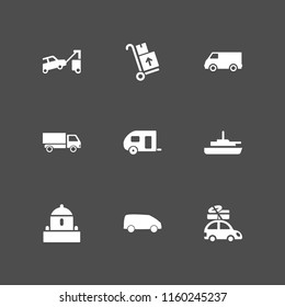 9 carrier icons in vector set. ship, delivery packages on a trolley, van and tow illustration for web and graphic design