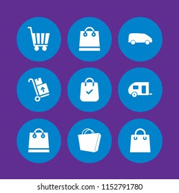 9 carry icons in vector set. bag, shopping bag, van and delivery packages on a trolley illustration for web and graphic design