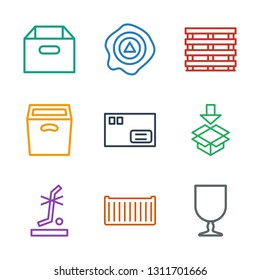 9 carton icons. Trendy carton icons white background. Included outline icons such as fragile cargo, cargo box, no standing nearby, box, parcel. carton icon for web and mobile.