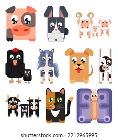 9 cartoon colorful domestic animals collection isolated on white background Summer themed vector illustration for icon, stamp, label, badge, sticker or gift card