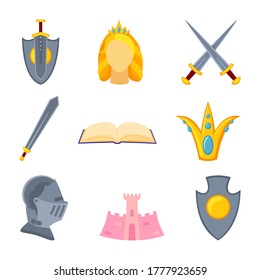 9 cartoon colorful fairytale elements. Medieval festival props. Fairy tale theme vector illustration for icon, stamp, label, certificate, gift card, invitation, coupon or sale banner decoration