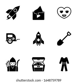 9 cartoon filled icons set isolated on white background. Icons set with rocket, Video marketing, happiness, pet trailer, spaceship, Shovel, archer, treasure, pyjamas icons.