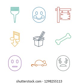 9 cartoon icons. Trendy cartoon icons white background. Included line icons such as crying emot, mouse toy, sad emot, bone, noodles fast food. cartoon icon for web and mobile.