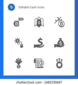 9 cash filled icons set isolated on . Icons set with Initial Coin Offering, Angel investor, Mining, Pay per click, investment, Deposit, Lead conversion, Expenses, Fork icons.