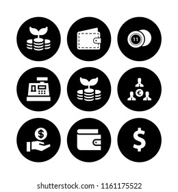 9 cash icons in vector set. cashier, wallet, casino chip with number and savings illustration for web and graphic design