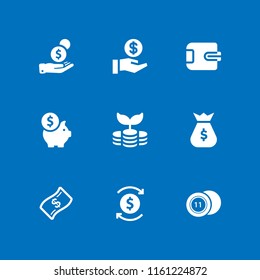 9 cash icons in vector set. savings, money, casino chip with number and banknote illustration for web and graphic design