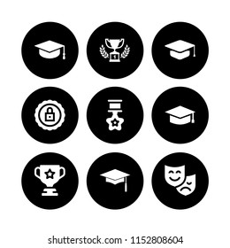 9 ceremony icons in vector set. prize, trophy, graduation hat and first prize trophy illustration for web and graphic design