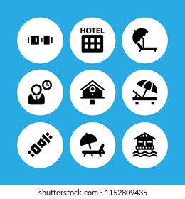 9 chair icons in vector set. safety seat, rooms, resort and sun umbrella and deck chair illustration for web and graphic design