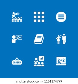 9 chalkboard icons in vector set. closed, blackboard, menu and teacher illustration for web and graphic design