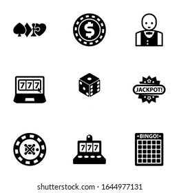 9 chance filled icons set isolated on white background. Icons set with gambling, casino Chip, Croupier, online casino, dice, Jackpot, roulette, slot machine, Bingo icons.