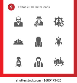 Iconos rellenos de 9 caracteres establecidos aislados en . Iconos con seguridad, hombre rico, habilidad, empleado, mujer de negocios, AI Robot, alienígena, sacerdote, íconos del Aprendizaje Asincrónico.