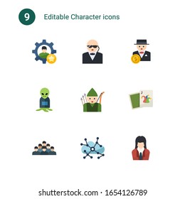 9 character flat icons set isolated on . Icons set with skill, security, rich man, alien, archer, Joker, employee, Asynchronous Learning, businesswoman icons.