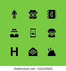 9 character icons in vector set. heisenberg, military robot machine, invisible person of clothes and letter illustration for web and graphic design