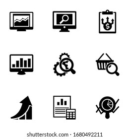 9 chart filled icons set isolated on white background. Icons set with statistics, analytics app, Business Planning, SEO monitoring, Search optimization, Marketing research icons.