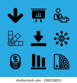 9 chart icons with scheme and down arrow on horizontal line in this set