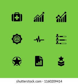 9 chart icons in vector set. medical, business and finance, pulse line and human resources data of job performance illustration for web and graphic design