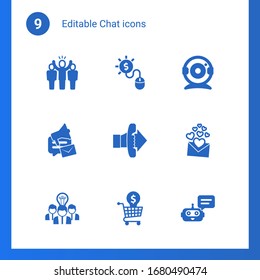 9 chat filled icons set isolated on . Icons set with leader, Pay per click, Web Camera, social media campaign, Call To Action, love message, Collaborative idea, Online Training icons.