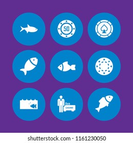 9 chips icons in vector set. casino token, poker token, fish and casino illustration for web and graphic design