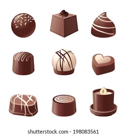 9 chocolate candy icons over white background