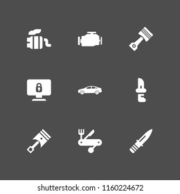 9 chrome icons in vector set. engine, knives, piston and sedan car model illustration for web and graphic design