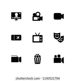 9 cinema icons in vector set. popcorn, theater, film and ticket illustration for web and graphic design