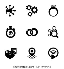 9 iconos rellenos de círculo aislados en fondo blanco. Iconos con redes de publicidad, rueda cognitiva, anillo de diamante, fecha límite, anillos, selección de audiencia, música, íconos de Geo Targeting.