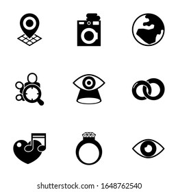 9 iconos rellenos de círculo aislados en fondo blanco. Iconos con Geo Targeting, Servicio de lavandería, globo, Orientación al público, Visión, Anillos, música, anillo de diamantes, iconos de visión.