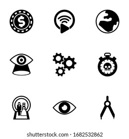 9 Circle Filled Icons Set Isolated On White Background. Icons Set With Casino Chip, Livestream, Globe, Vision, Cogwheel, Deadline, Wedding, Vision, Compasses Icons.