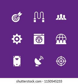 9 circle icons in vector set. radar, teamwork, rope and speed test illustration for web and graphic design