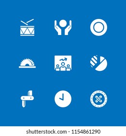 9 circle icons in vector set. military drum musical instrument, circle between hands, team and blade illustration for web and graphic design