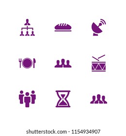 9 circle icons in vector set. team, bread, radar and military drum musical instrument illustration for web and graphic design