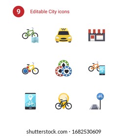 9 city flat icons set isolated on . Icons set with Bike rental map, Taxi service, Small business, bike sharing, Casino, Smart bike, rental app, rental, bicycle lane icons.