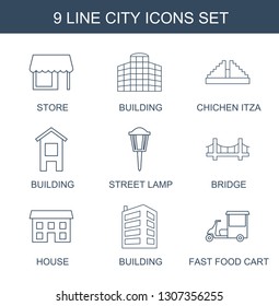 9 city icons. Trendy city icons white background. Included line icons such as store, building, Chichen Itza, street lamp, bridge, house, fast food cart. city icon for web and mobile.