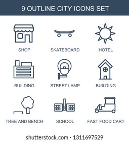 9 city icons. Trendy city icons white background. Included outline icons such as shop, skateboard, hotel, building, street lamp, tree and bench. city icon for web and mobile.