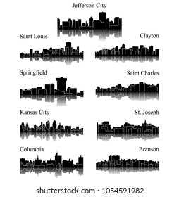 9 city silhouette in Missouri ( Jefferson City, Saint Louis, Clayton, Springfield, Saint Charles, Kansas City, St. Joseph, Columbia, Branson )