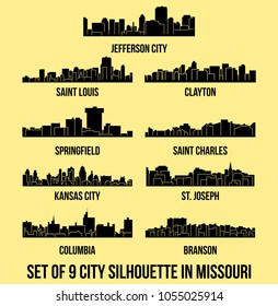 9 City Silhouette In Missouri ( Jefferson City, Saint Louis, Clayton, Springfield, Saint Charles, Kansas City, St. Joseph, Columbia, Branson )