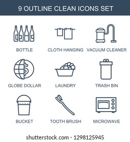9 clean icons. Trendy clean icons white background. Included outline icons such as bottle, cloth hanging, vacuum cleaner, globe dollar, laundry. clean icon for web and mobile.