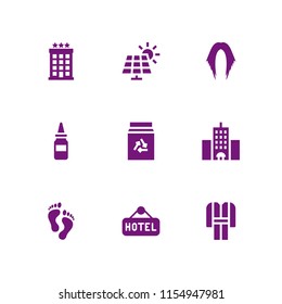 9 clean icons in vector set. milk, feet, hotel and solar panel illustration for web and graphic design