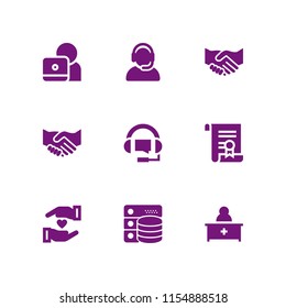 9 client icons in vector set. contract, pharmacist, agreement and support illustration for web and graphic design