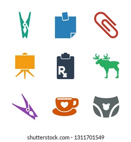 9 clip icons. Trendy clip icons white background. Included filled icons such as children panties, cup with heart, cloth pin, moose, clipboard, board. clip icon for web and mobile.