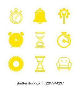 9 clock icons with hourglass and alarm in this set