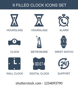 9 clock icons. Trendy clock icons white background. Included filled icons such as hourglass, alarm, metronome, wrist watch, wall, digital clock. icon for web and mobile.